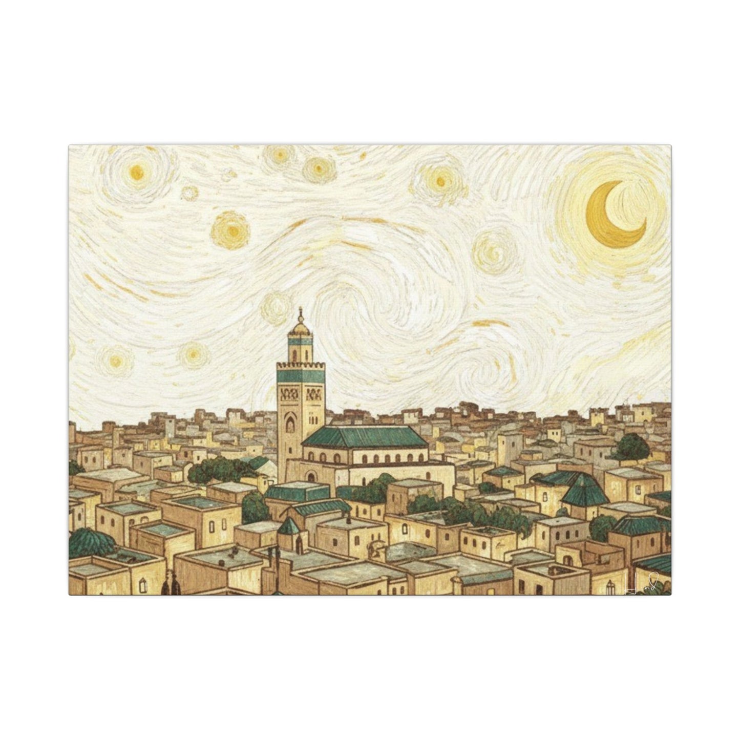 Moroccan Cityscape Canvas Print — Starry Night-Inspired Mosque Wall Art