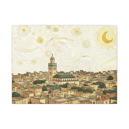 Moroccan Cityscape Canvas Print — Starry Night-Inspired Mosque Wall Art