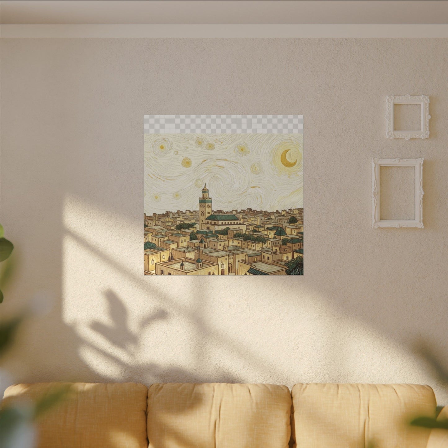 Moroccan Cityscape Canvas Print — Starry Night-Inspired Mosque Wall Art