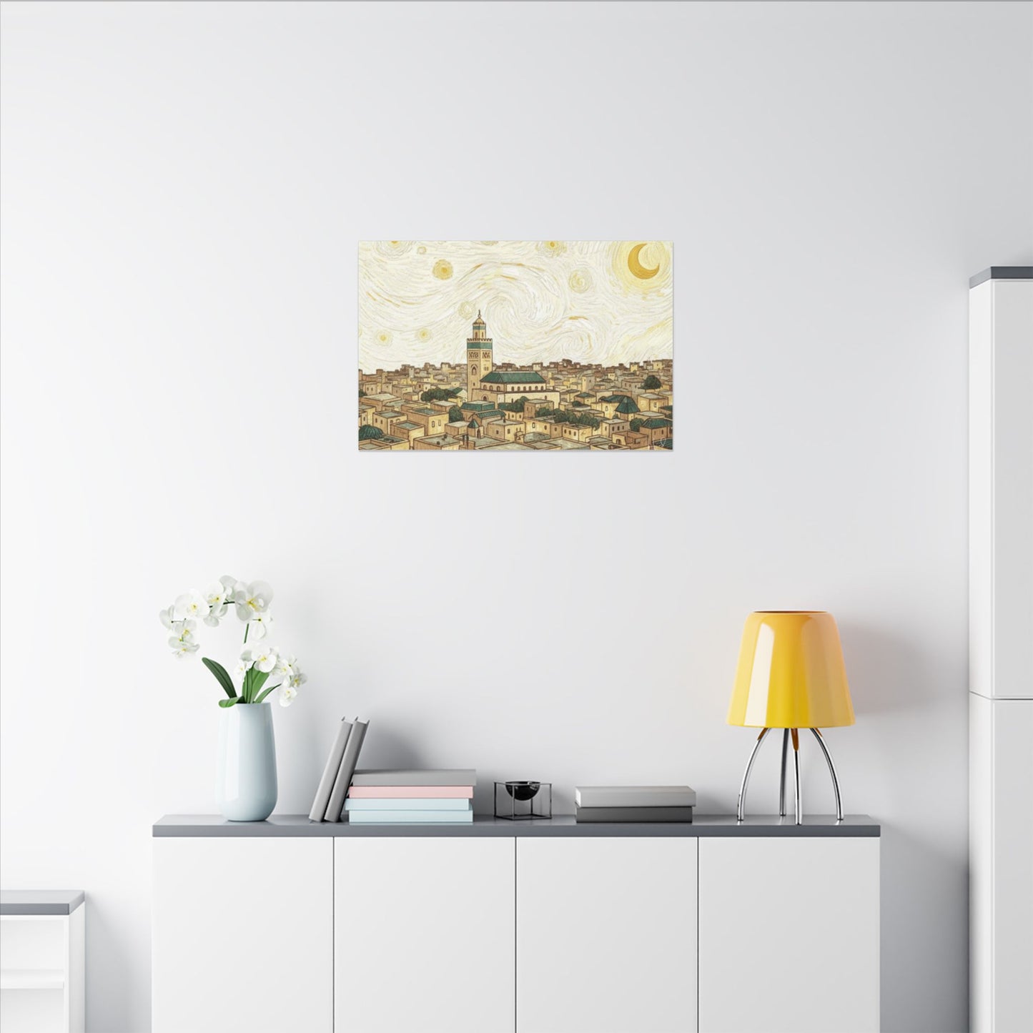 Moroccan Cityscape Canvas Print — Starry Night-Inspired Mosque Wall Art