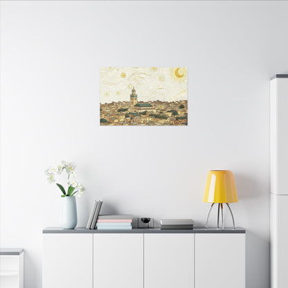 Moroccan Cityscape Canvas Print — Starry Night-Inspired Mosque Wall Art