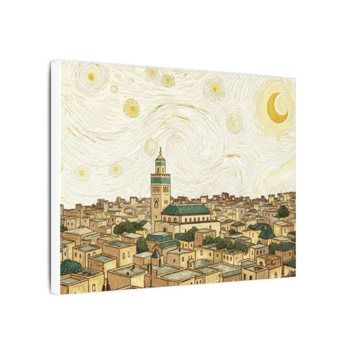 Moroccan Cityscape Canvas Print — Starry Night-Inspired Mosque Wall Art