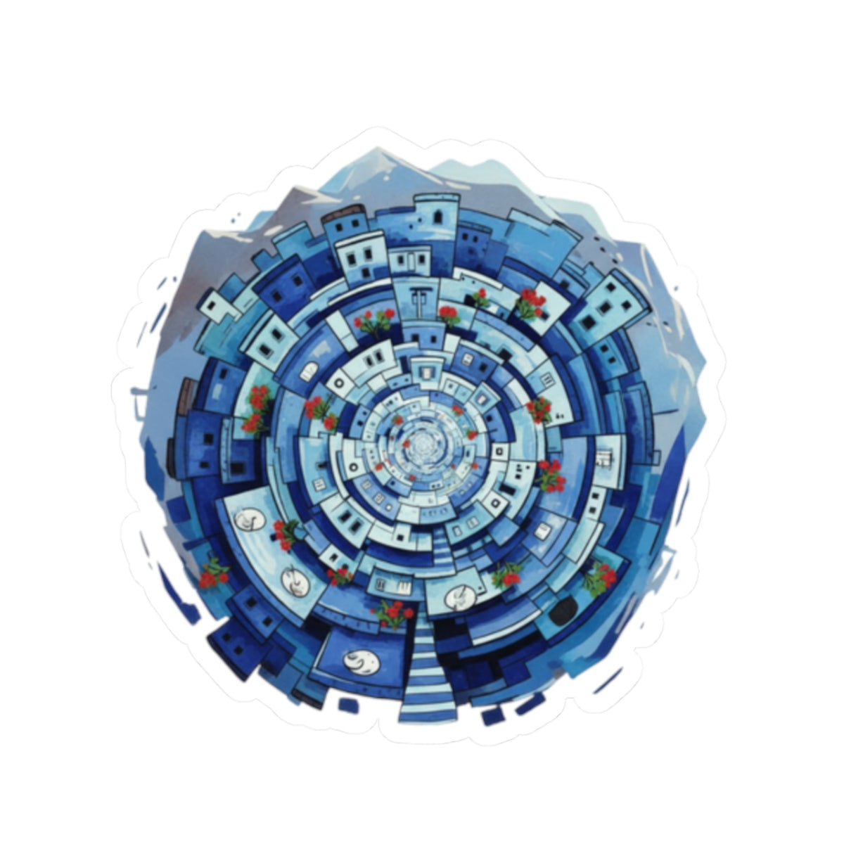 Blue Mediterranean Village Spiral Sticker — Kiss-Cut Vinyl Decal