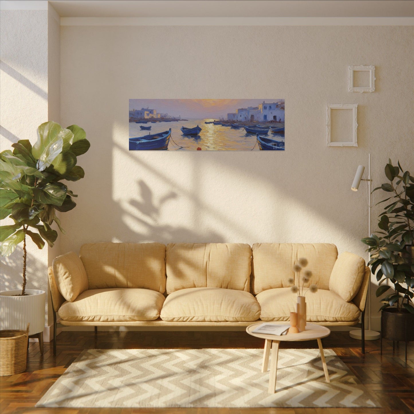 Seaside Sunset Canvas Print — Boats on Tranquil Harbor Wall Art