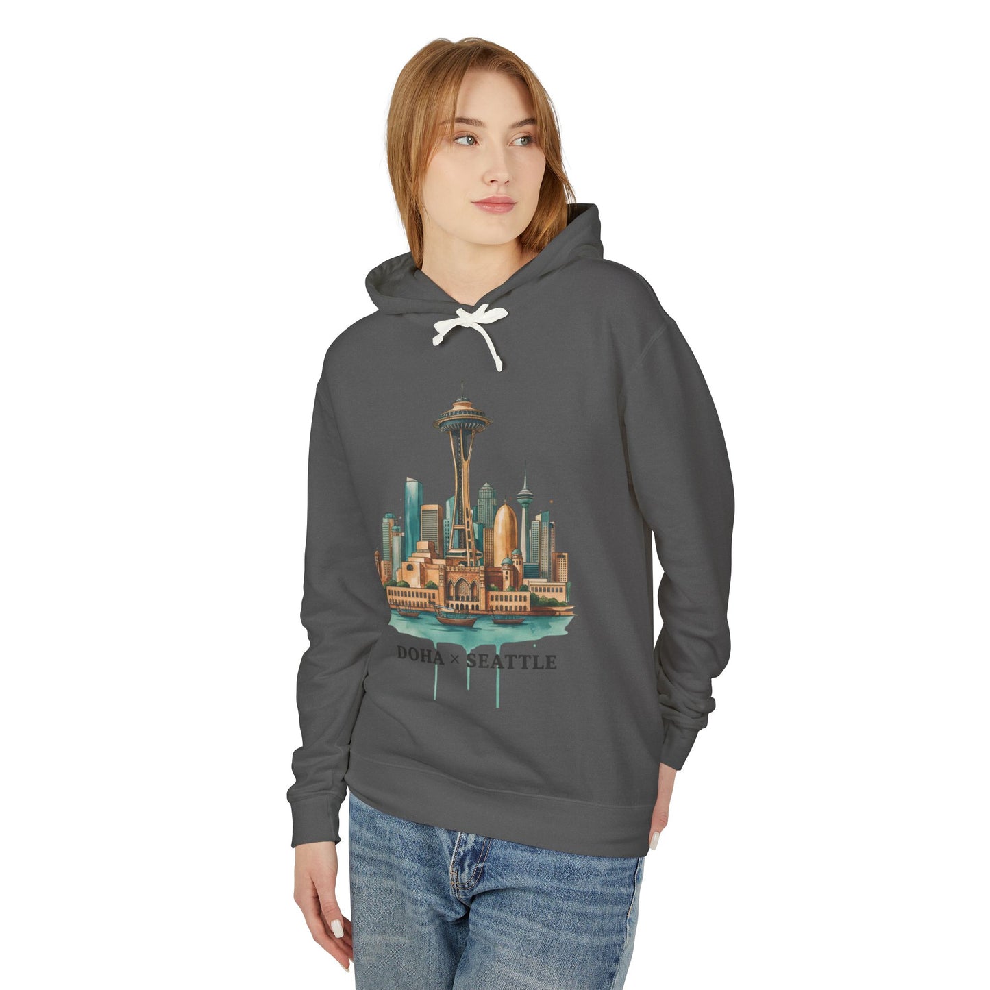 Doha x Seattle Skyline Hoodie — Retro Cityscape Pullover