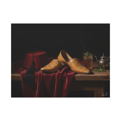Nature morte sur toile — Chaussures en cuir et fez, décoration murale