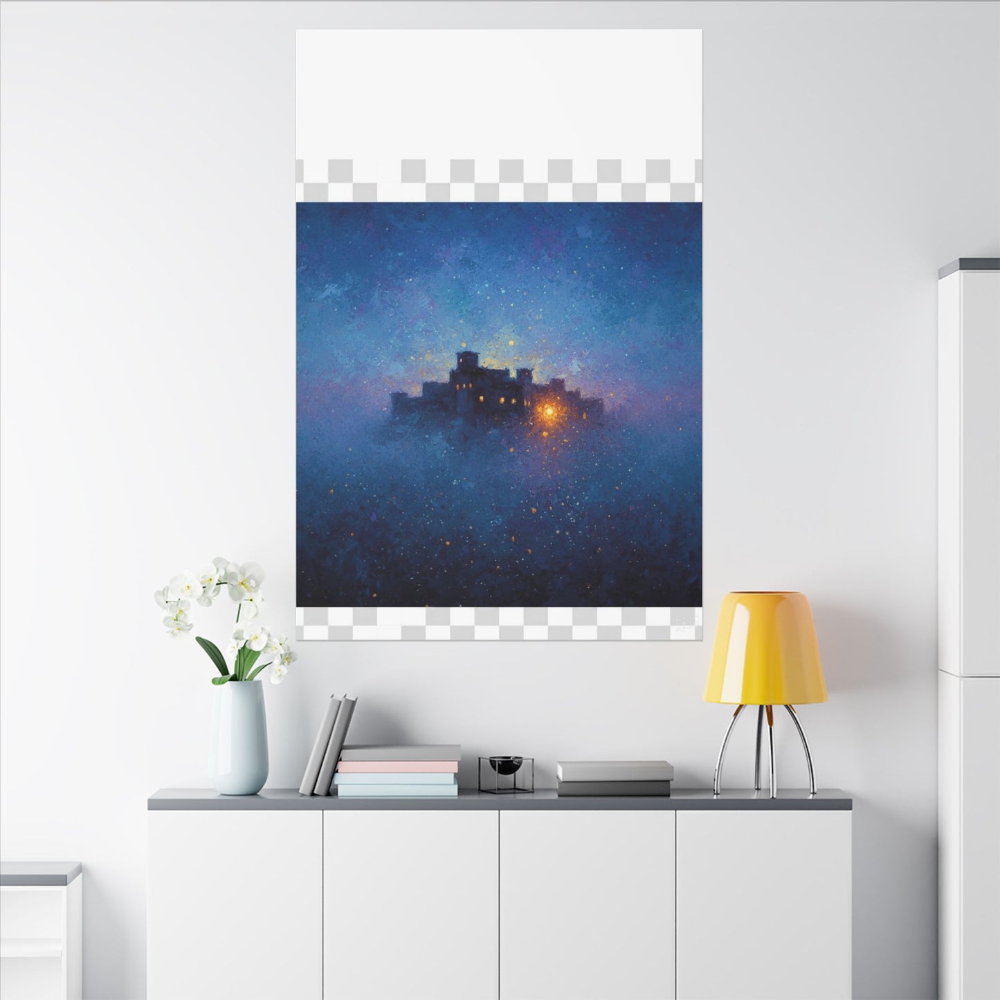 Tableau sur toile mate « Forteresse de la Nuit Étoilée » — Paysage mystique de château bleu