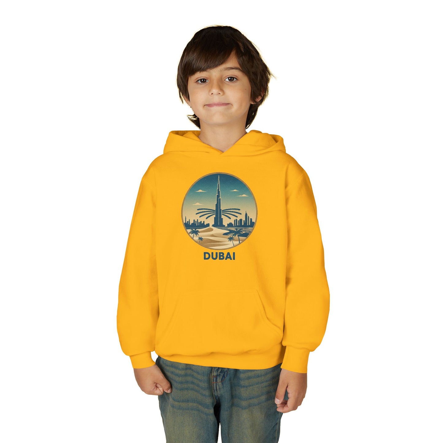 Dubai Skyline Youth Hoodie — Retro Desert Sunset Travel Sweatshirt