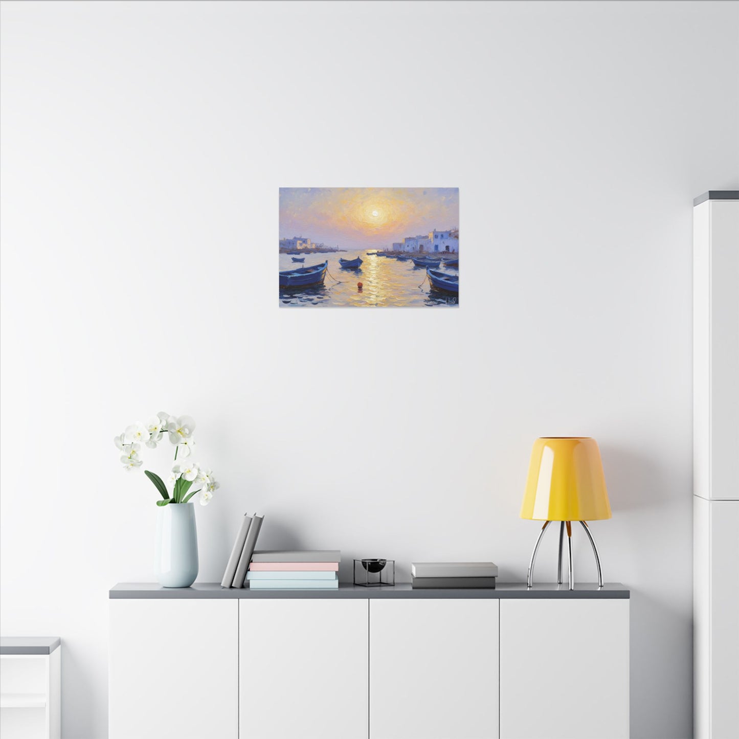 Seaside Sunset Canvas Print — Boats on Tranquil Harbor Wall Art
