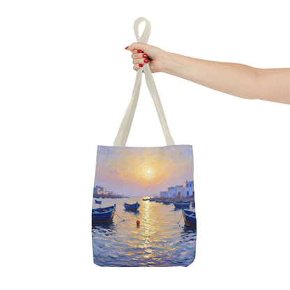 Sunset Harbor Tote Bag - Seaside Boats Art Print
