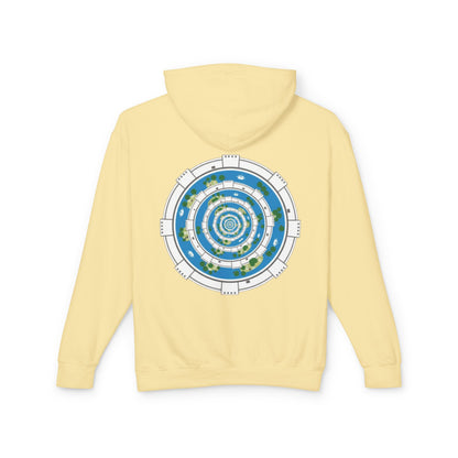 Circular World Map Hoodie — Planet Orbit Graphic Lightweight Hooded Sweatshirt