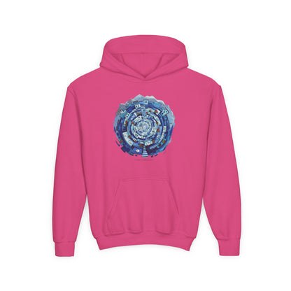 Youth Hoodie — Blue Geometric Mandala Graphic