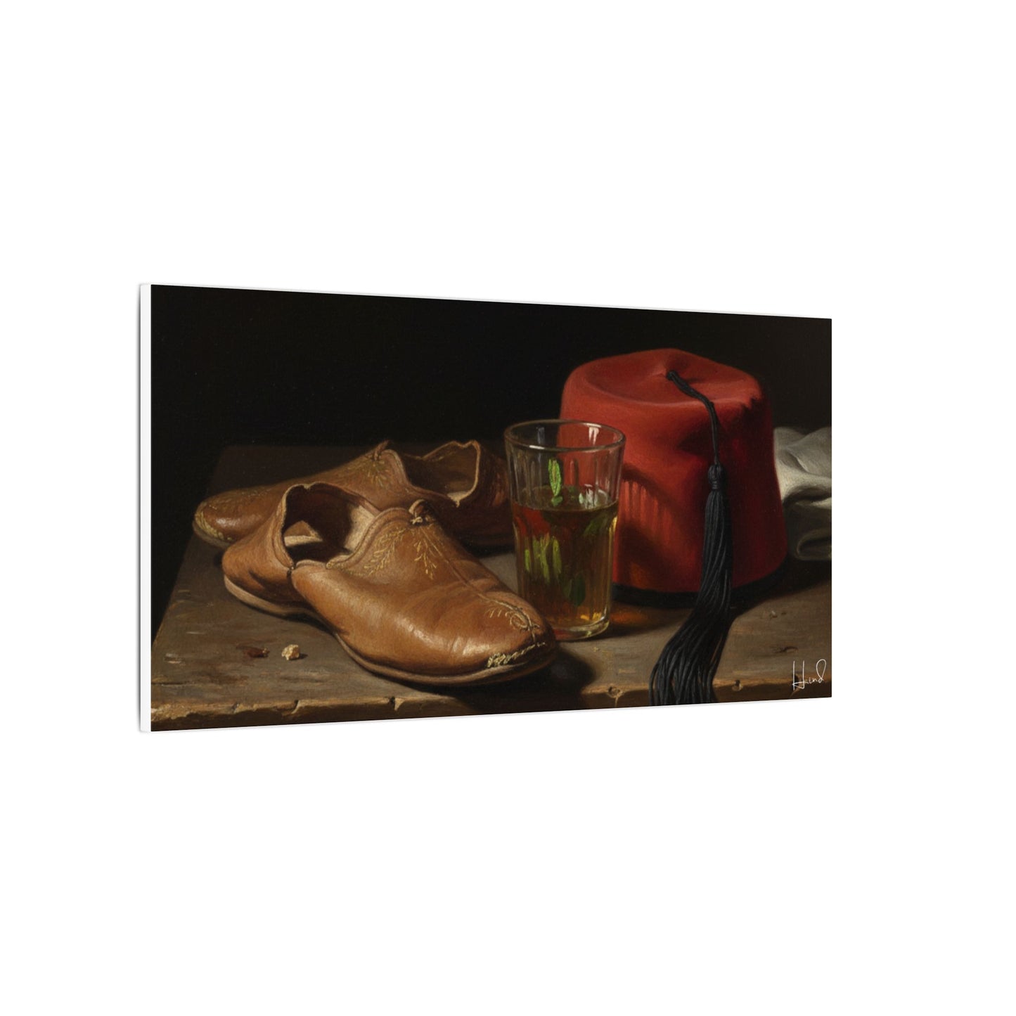 Still Life Canvas Print — Leather Shoes & Red Fez Wall Art