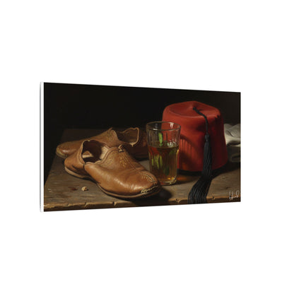 Still Life Canvas Print — Leather Shoes & Red Fez Wall Art