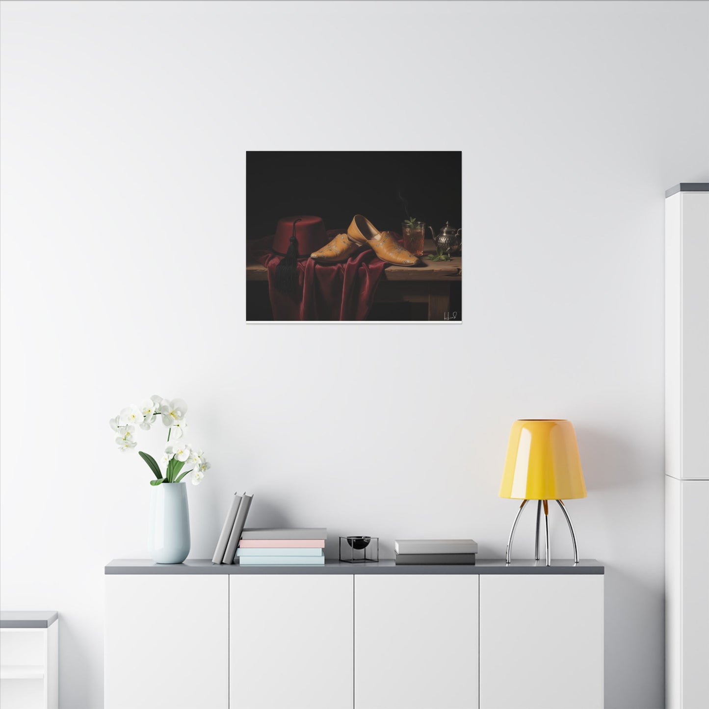 Nature morte sur toile — Chaussures en cuir et fez, décoration murale