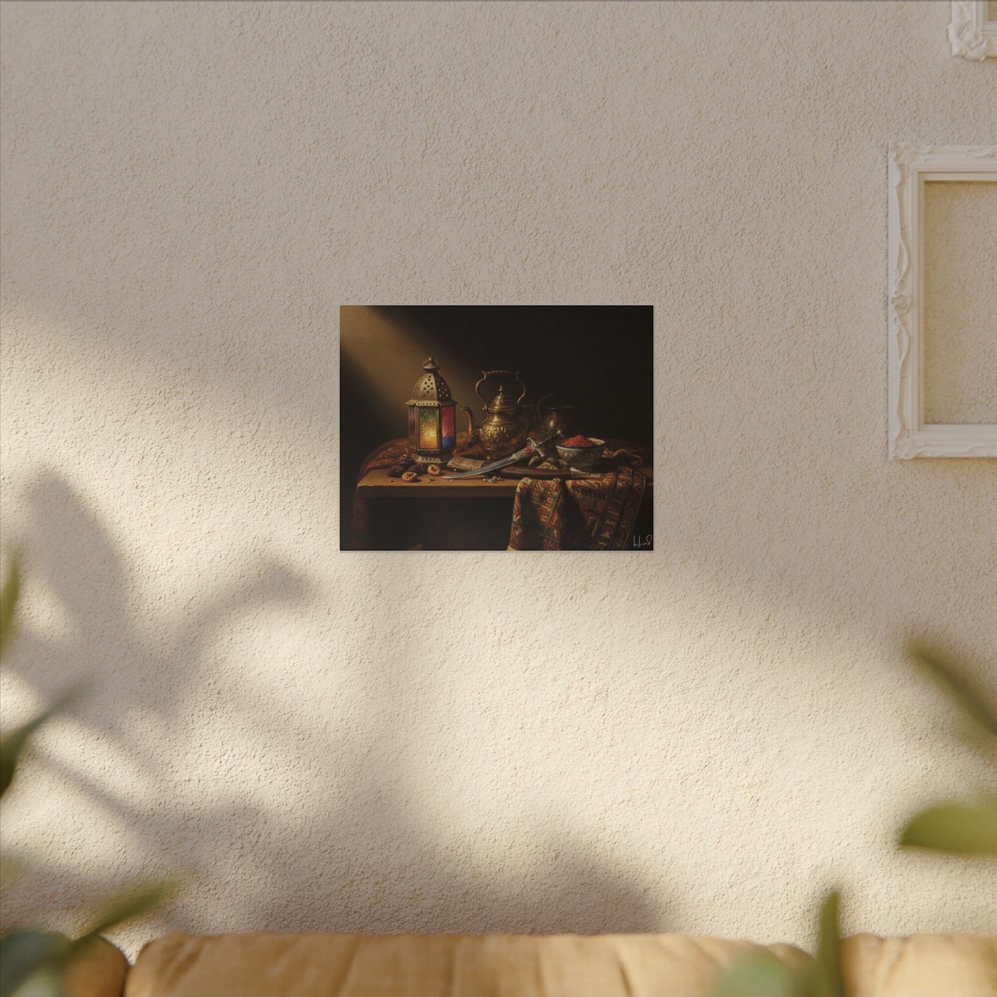 Oriental Still Life Canvas — Vintage Brass Teapot & Lantern Wall Art