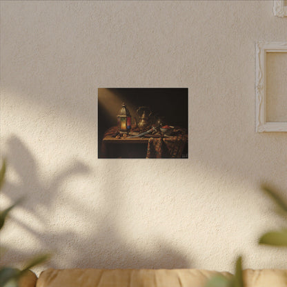 Oriental Still Life Canvas — Vintage Brass Teapot & Lantern Wall Art