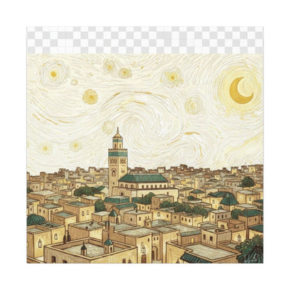 Moroccan Cityscape Canvas Print — Starry Night-Inspired Mosque Wall Art