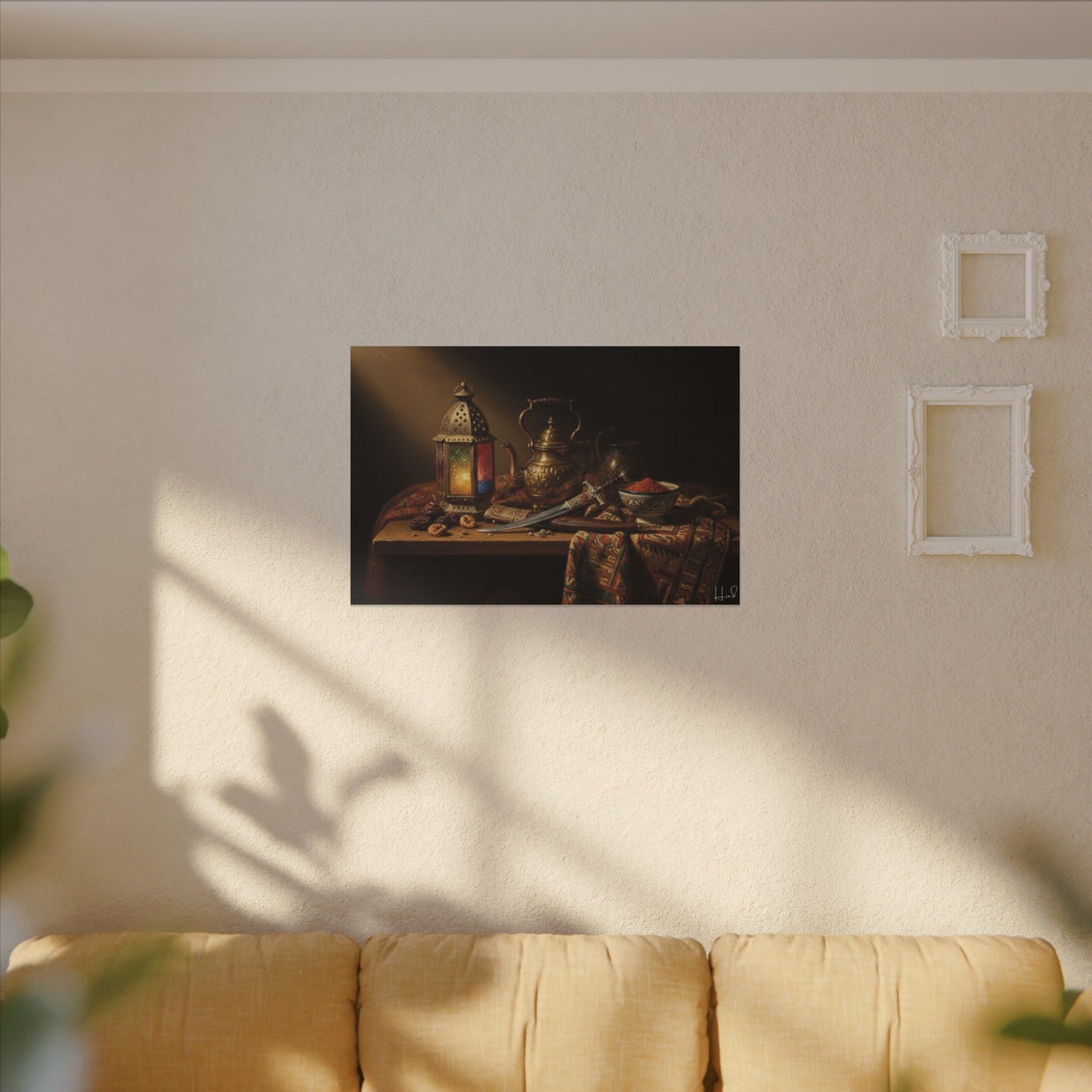 Oriental Still Life Canvas — Vintage Brass Teapot & Lantern Wall Art