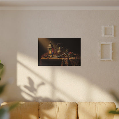 Oriental Still Life Canvas — Vintage Brass Teapot & Lantern Wall Art