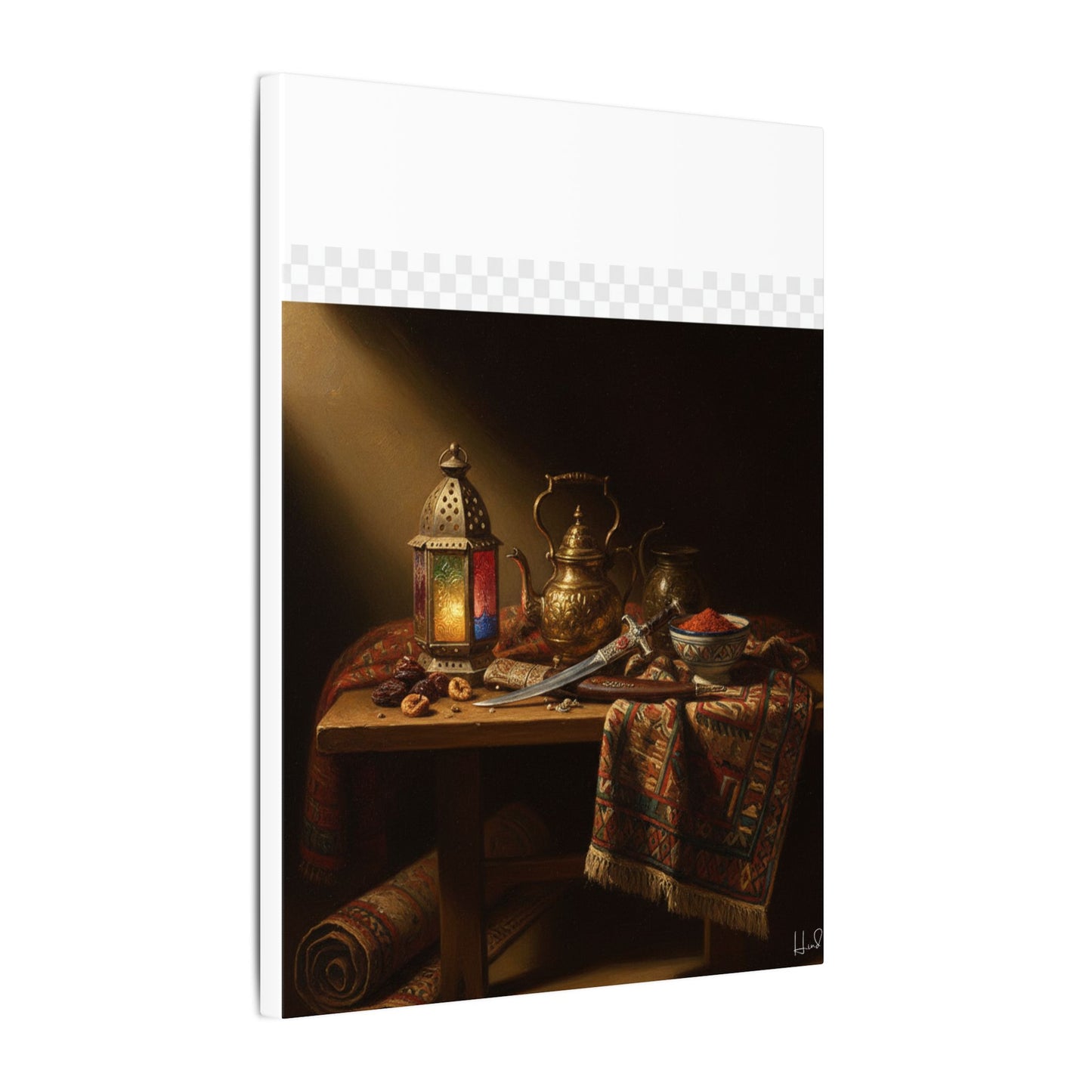 Oriental Still Life Canvas — Vintage Brass Teapot & Lantern Wall Art