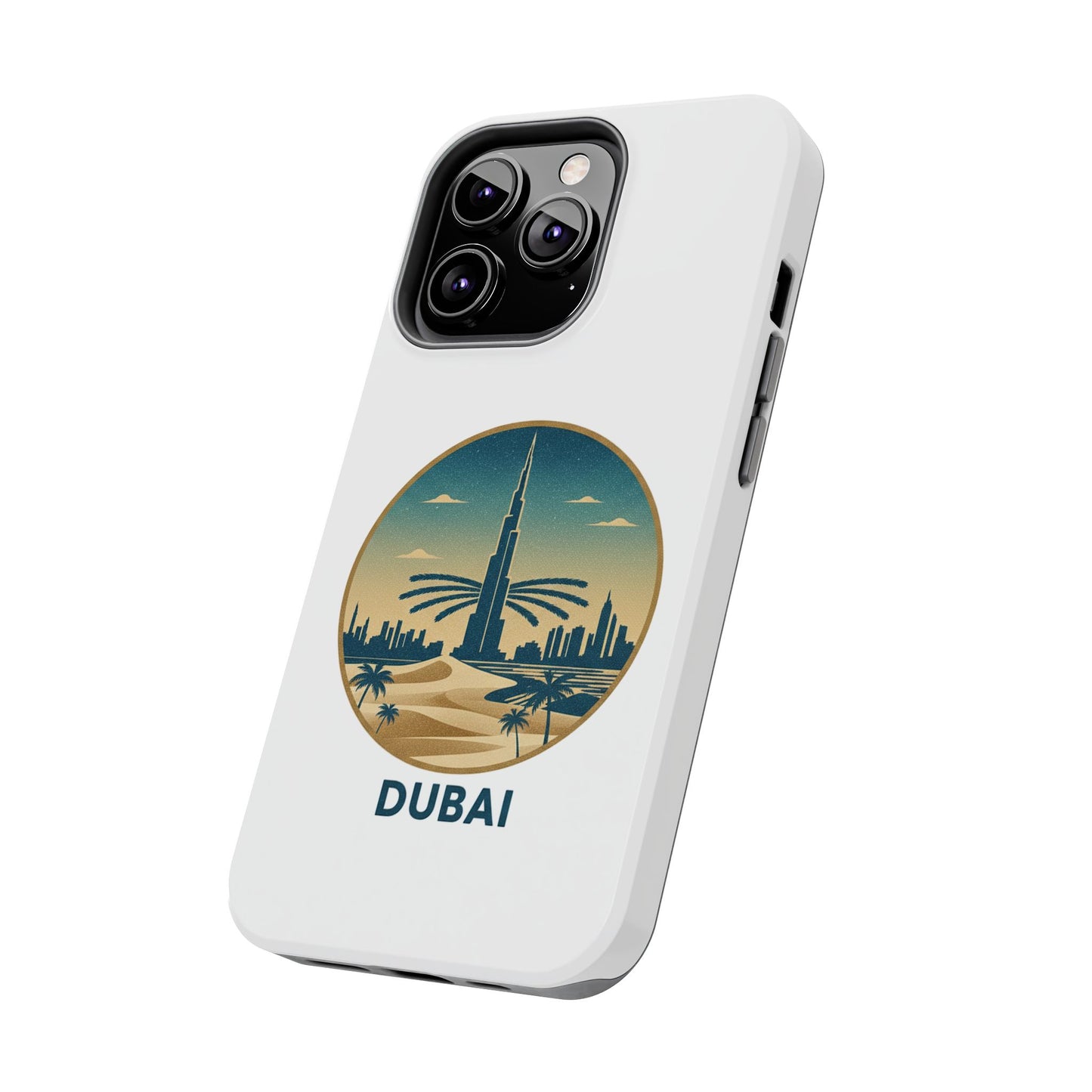Coque de téléphone résistante motif skyline de Dubaï — Étui de voyage rétro palmiers du désert