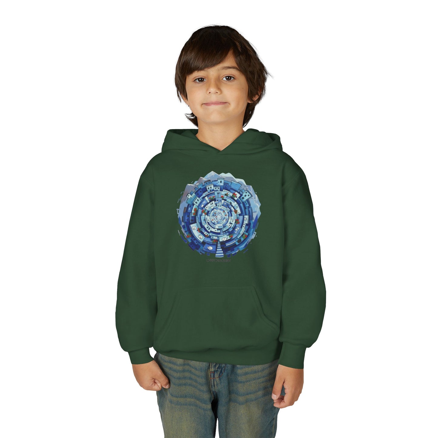 Youth Hoodie — Blue Geometric Mandala Graphic