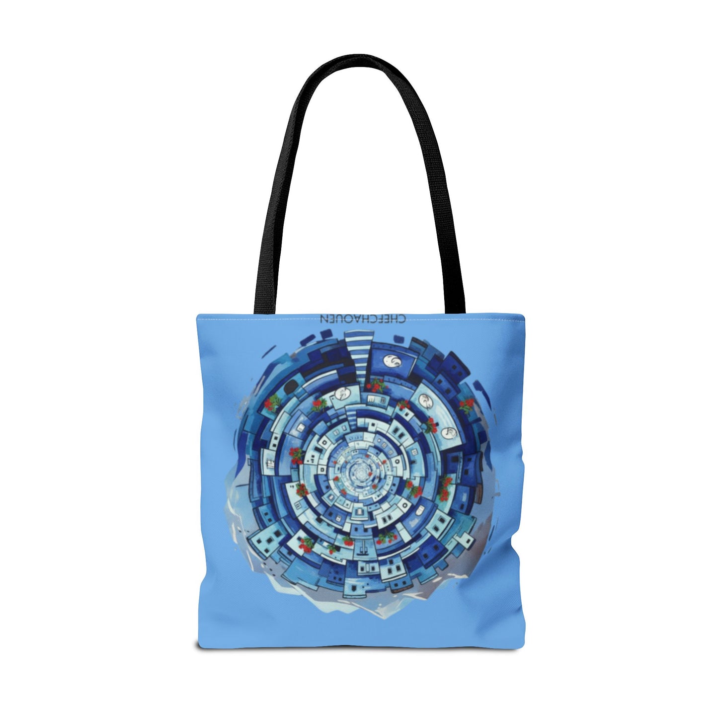 Blue Circular Cityscape Tote Bag — Abstract Urban Spiral All-Over Print Tote