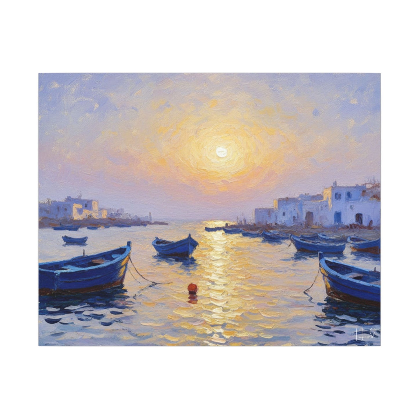 Seaside Sunset Canvas Print — Boats on Tranquil Harbor Wall Art