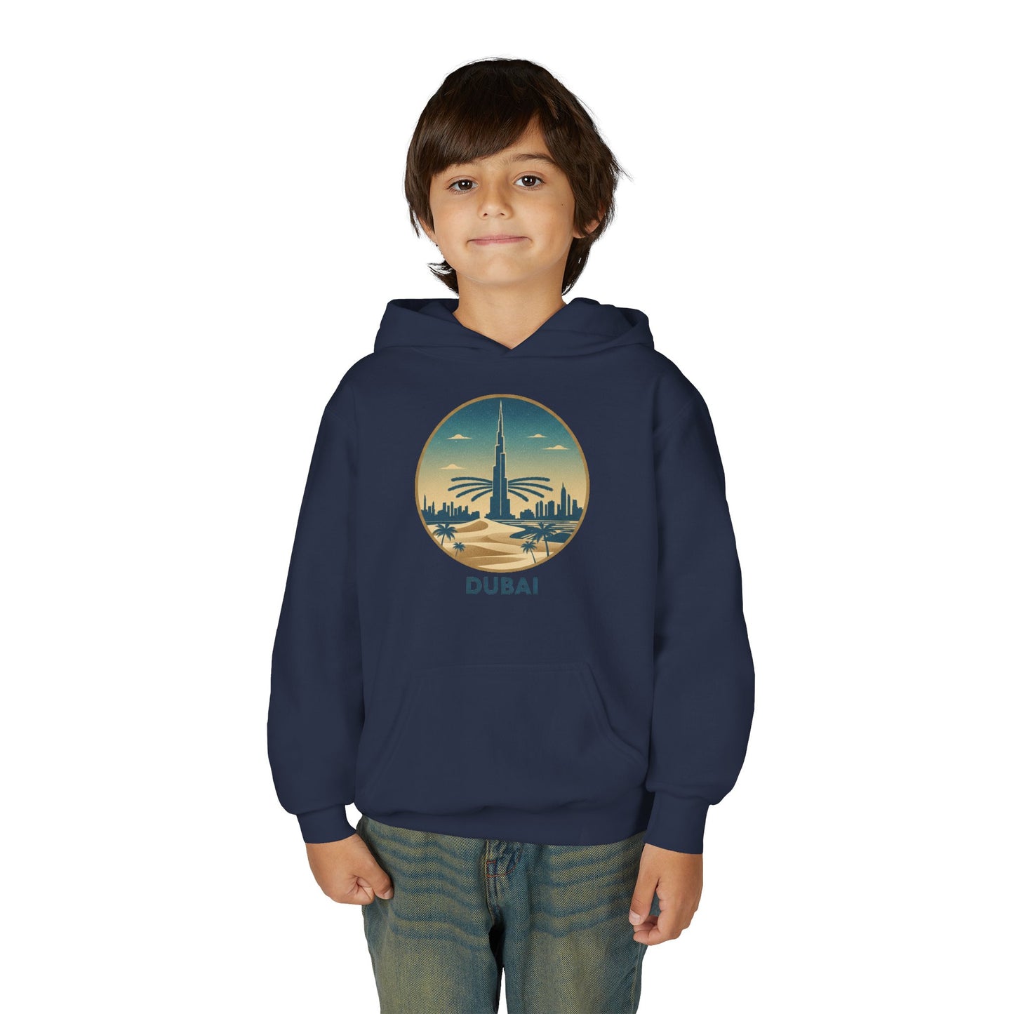 Dubai Skyline Youth Hoodie — Retro Desert Sunset Travel Sweatshirt