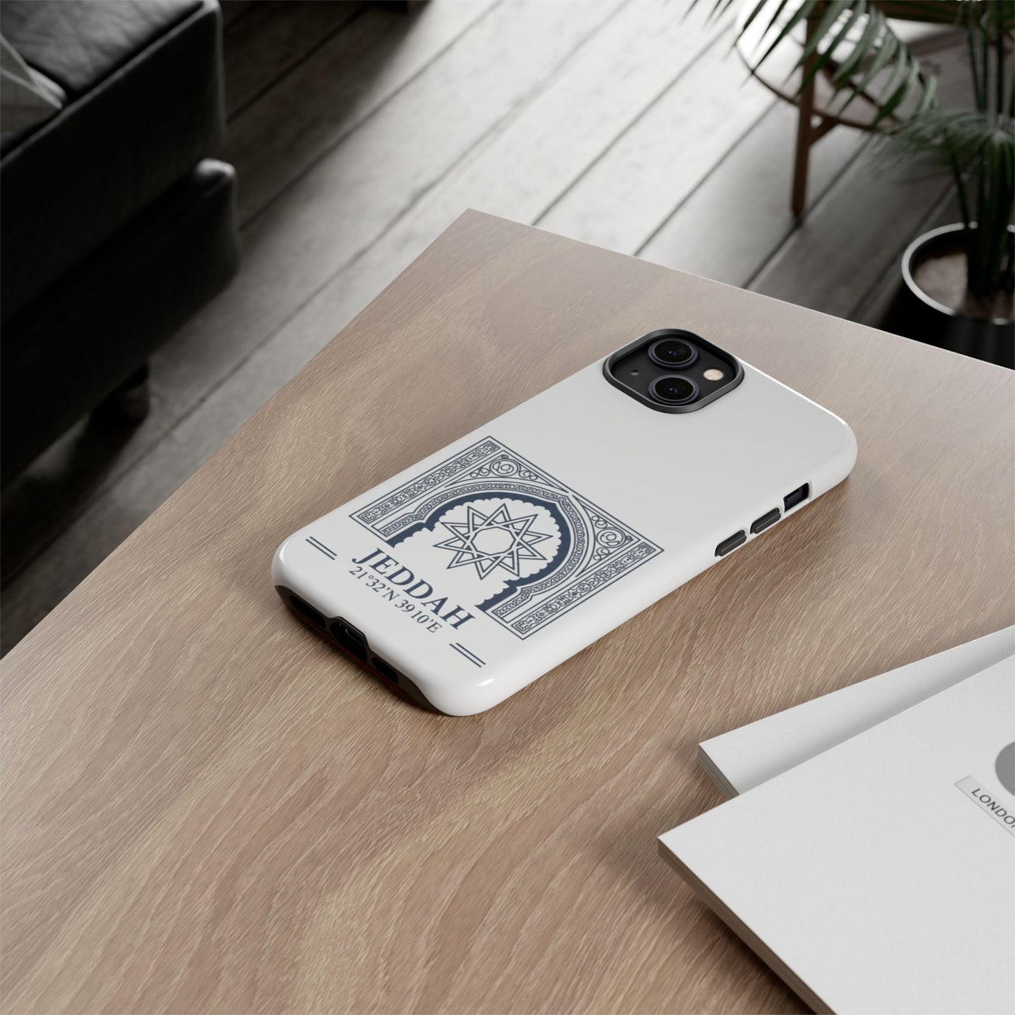 Jeddah Coordinates Phone Case — Arabic Arch Geometric Design