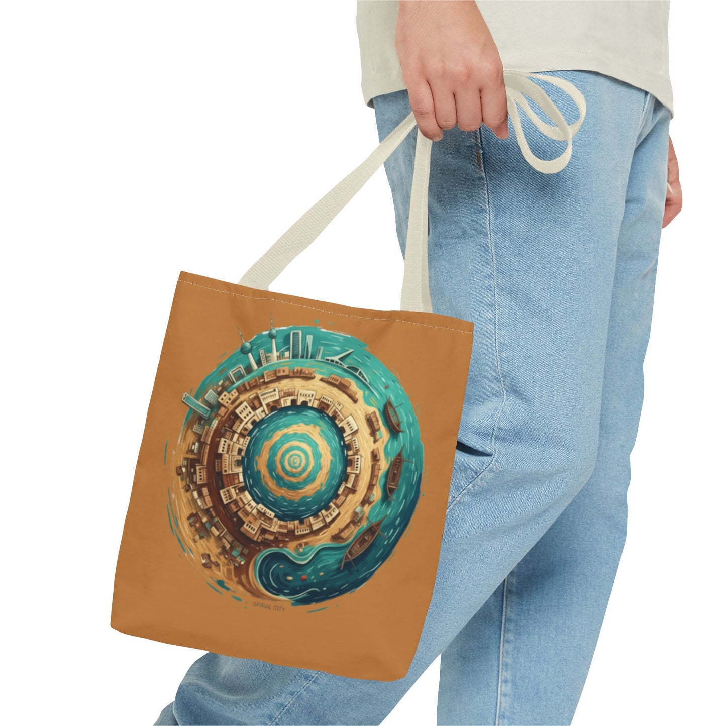 Round Cityscape Tote Bag — Abstract Turquoise & Gold Planet Design