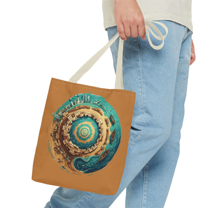Round Cityscape Tote Bag — Abstract Turquoise & Gold Planet Design
