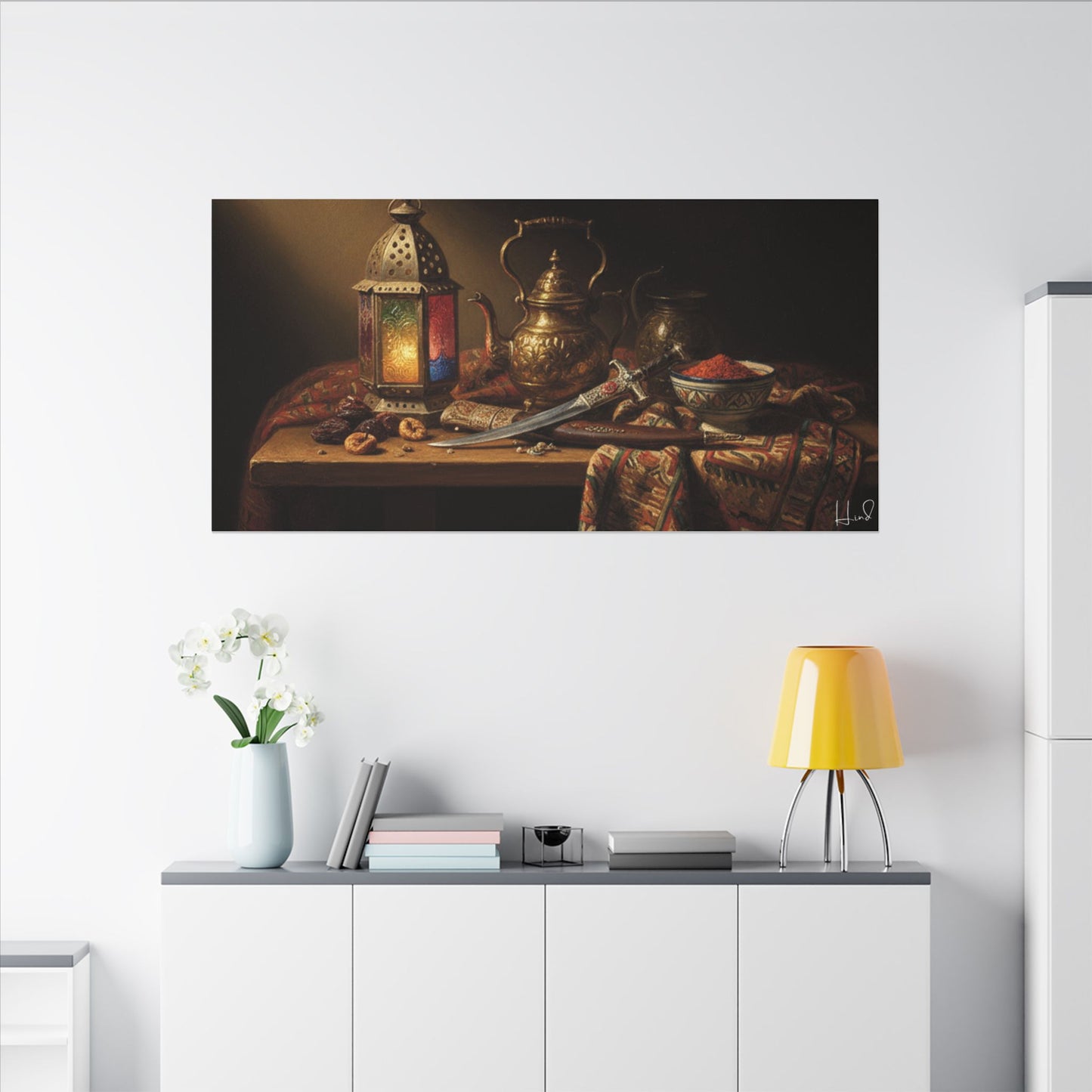 Oriental Still Life Canvas — Vintage Brass Teapot & Lantern Wall Art