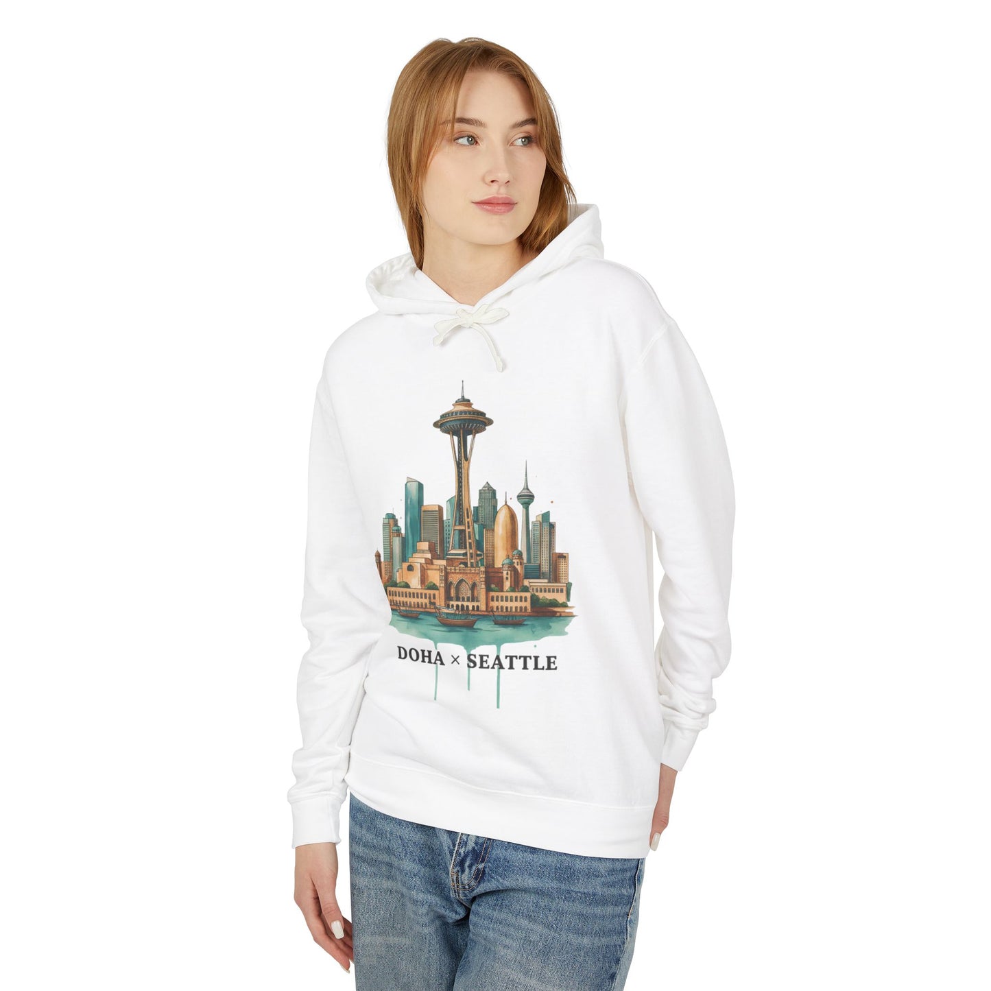 Doha x Seattle Skyline Hoodie — Retro Cityscape Pullover