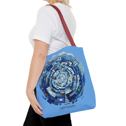 Blue Circular Cityscape Tote Bag — Abstract Urban Spiral All-Over Print Tote