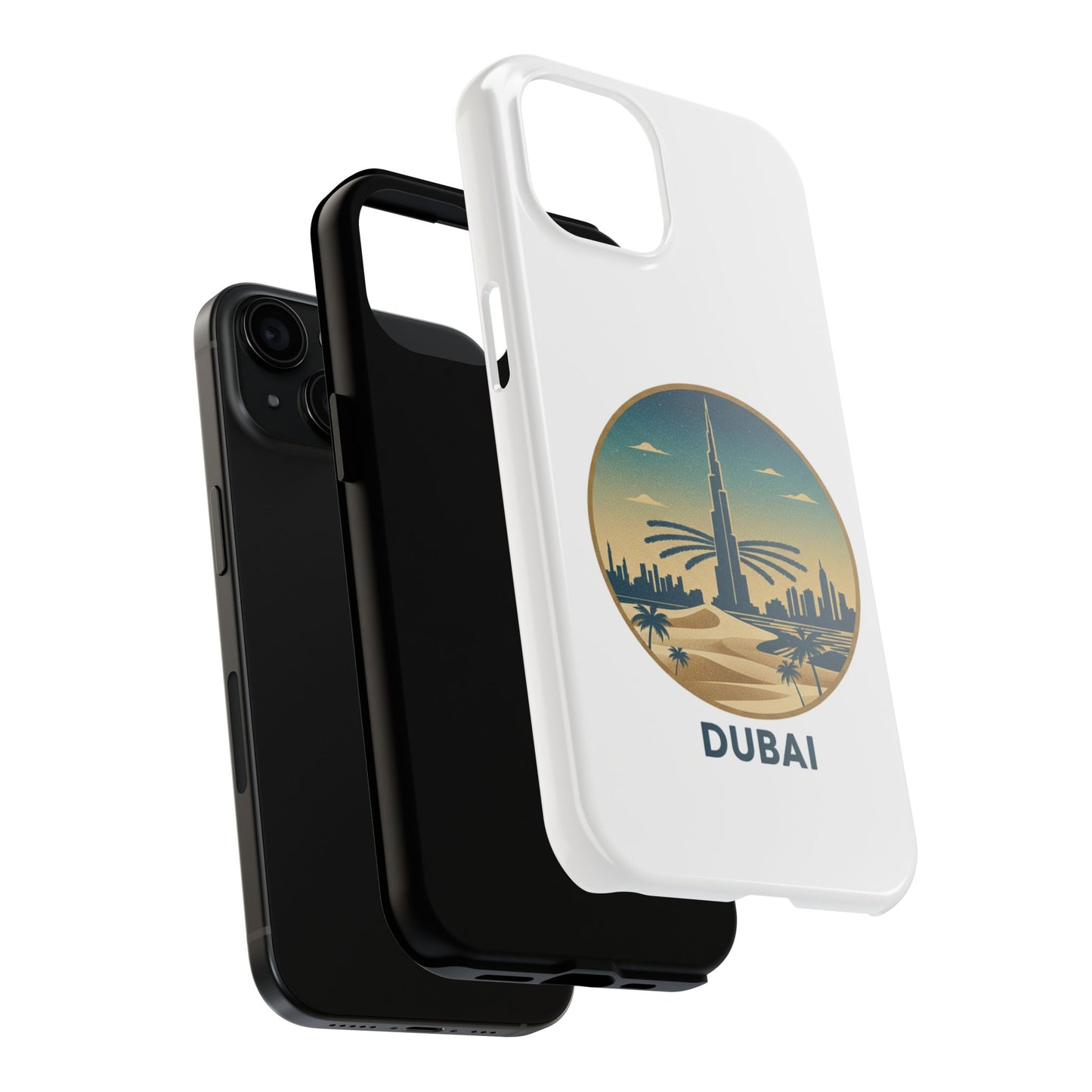 Coque de téléphone résistante motif skyline de Dubaï — Étui de voyage rétro palmiers du désert
