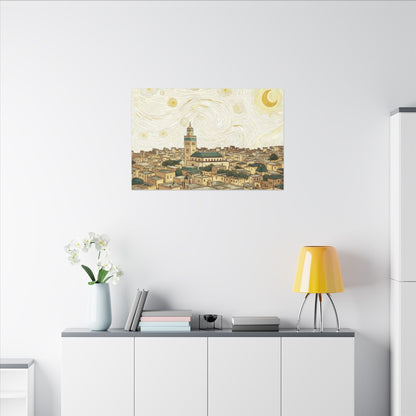 Moroccan Cityscape Canvas Print — Starry Night-Inspired Mosque Wall Art