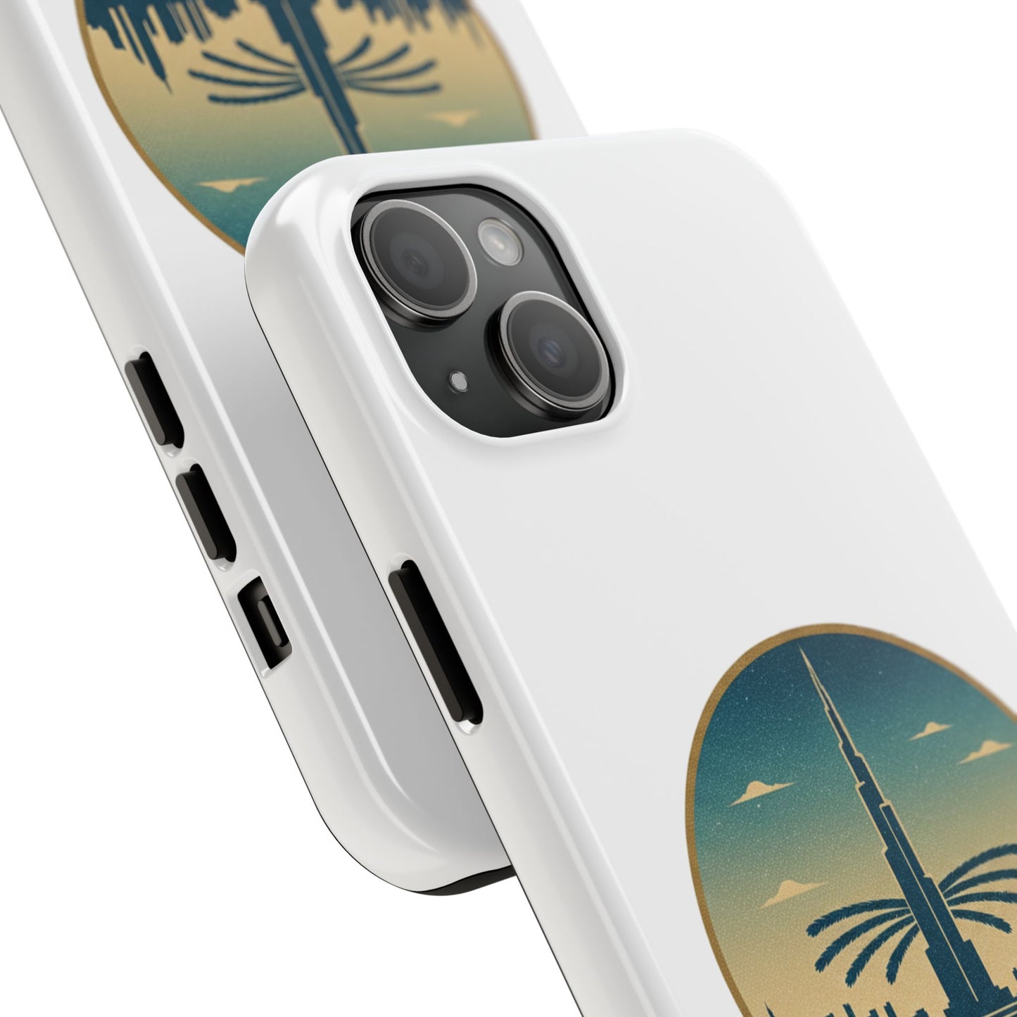 Coque de téléphone résistante motif skyline de Dubaï — Étui de voyage rétro palmiers du désert