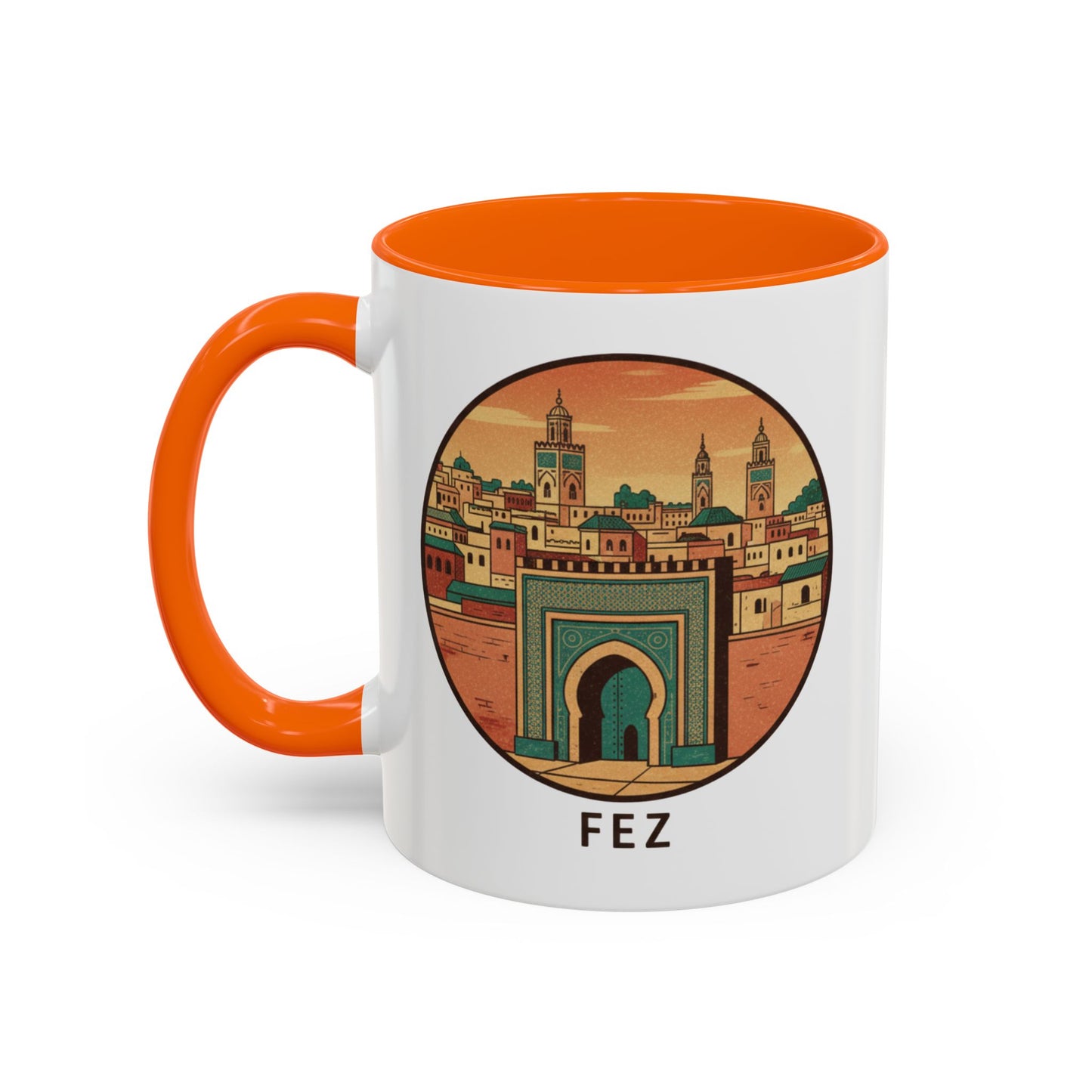 Mug à café Fez Landmark Accent — Souvenir de voyage représentant un paysage urbain marocain (11/15 oz)