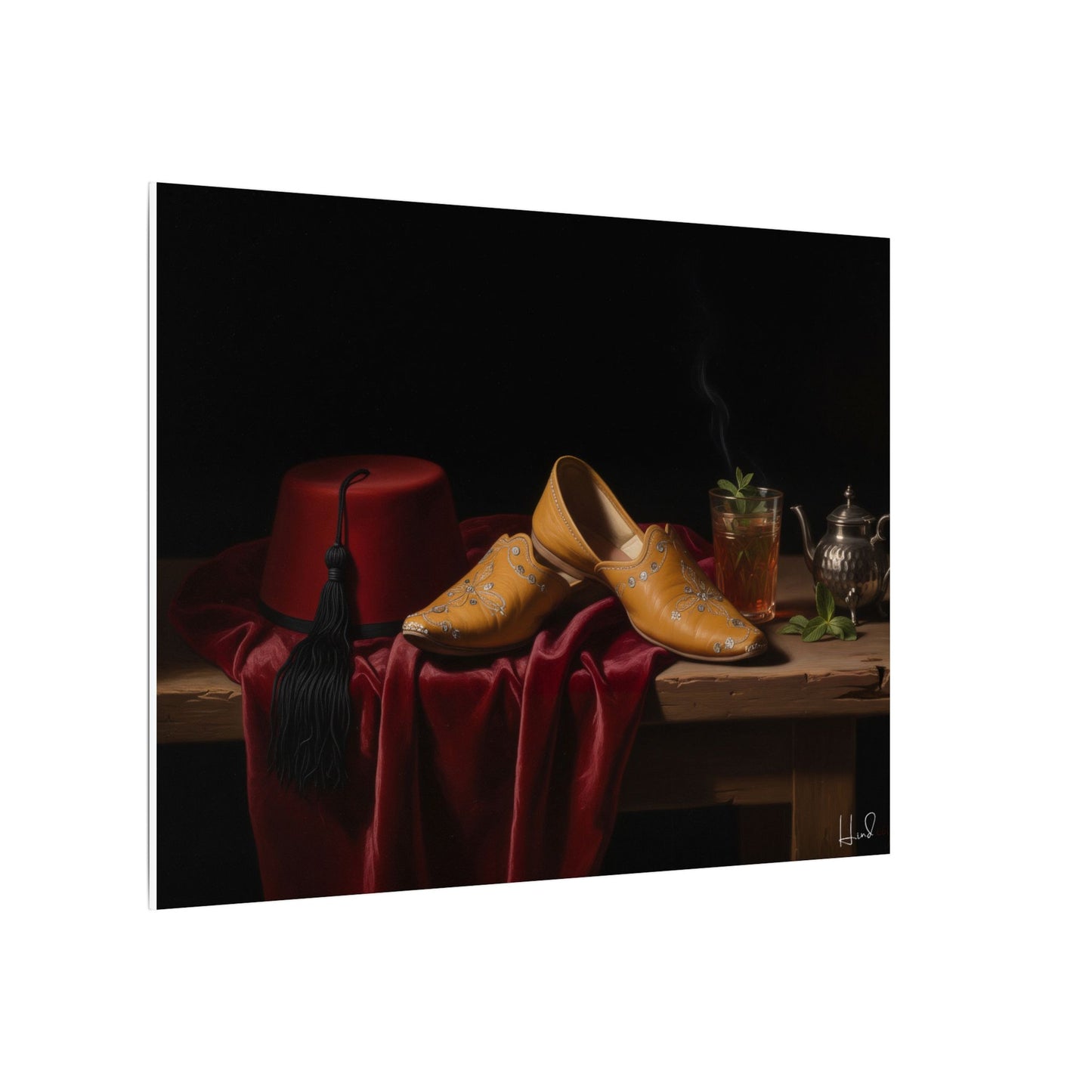 Nature morte sur toile — Chaussures en cuir et fez, décoration murale