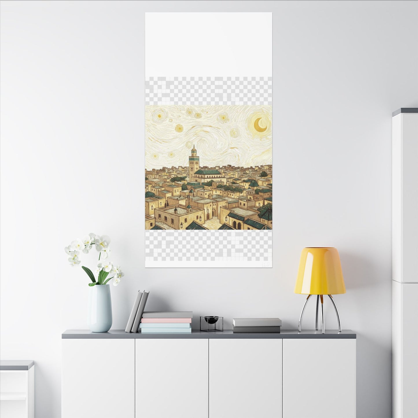 Moroccan Cityscape Canvas Print — Starry Night-Inspired Mosque Wall Art