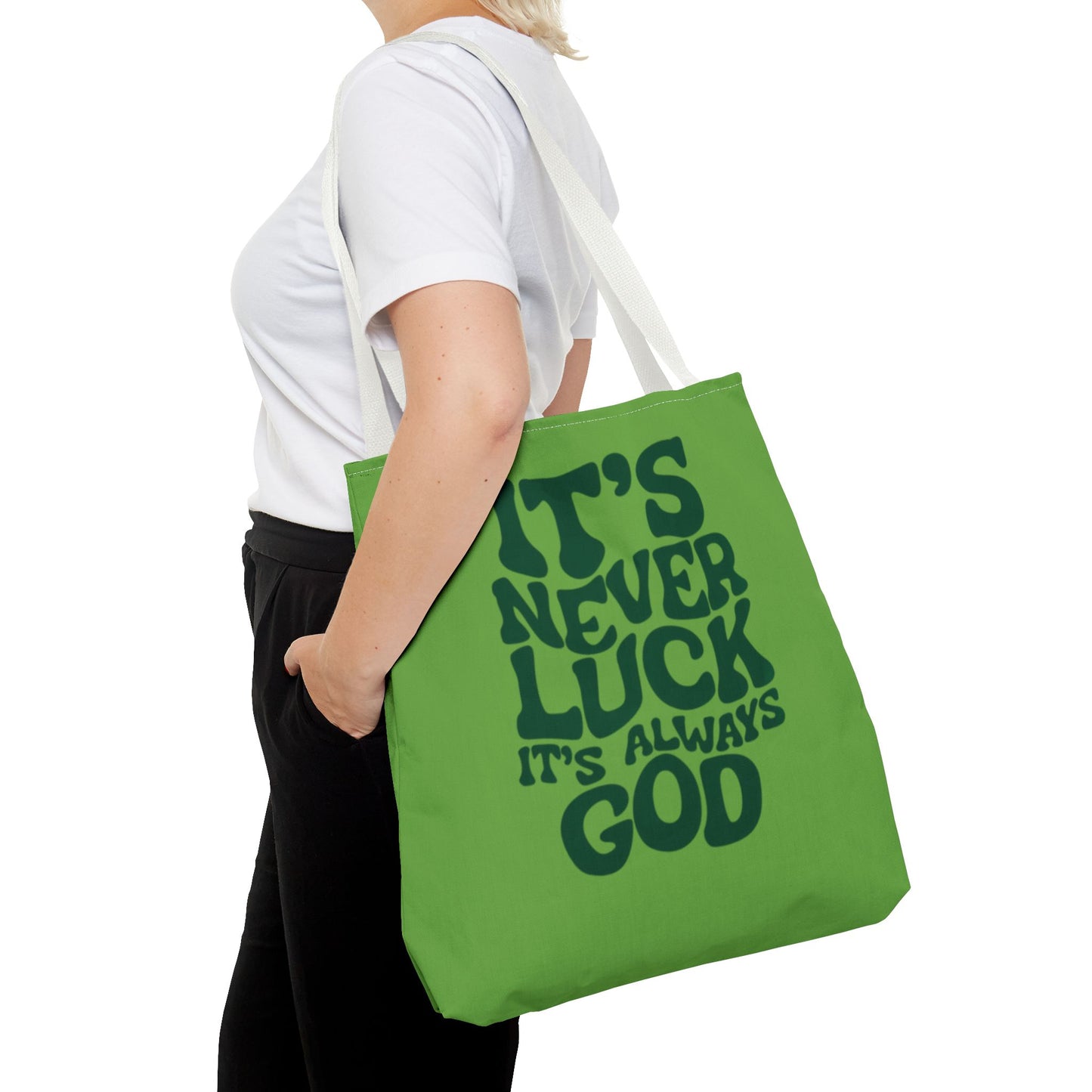 Faith Quote Tote Bag — "It's Never Luck, It's Always God" Cotton Tote