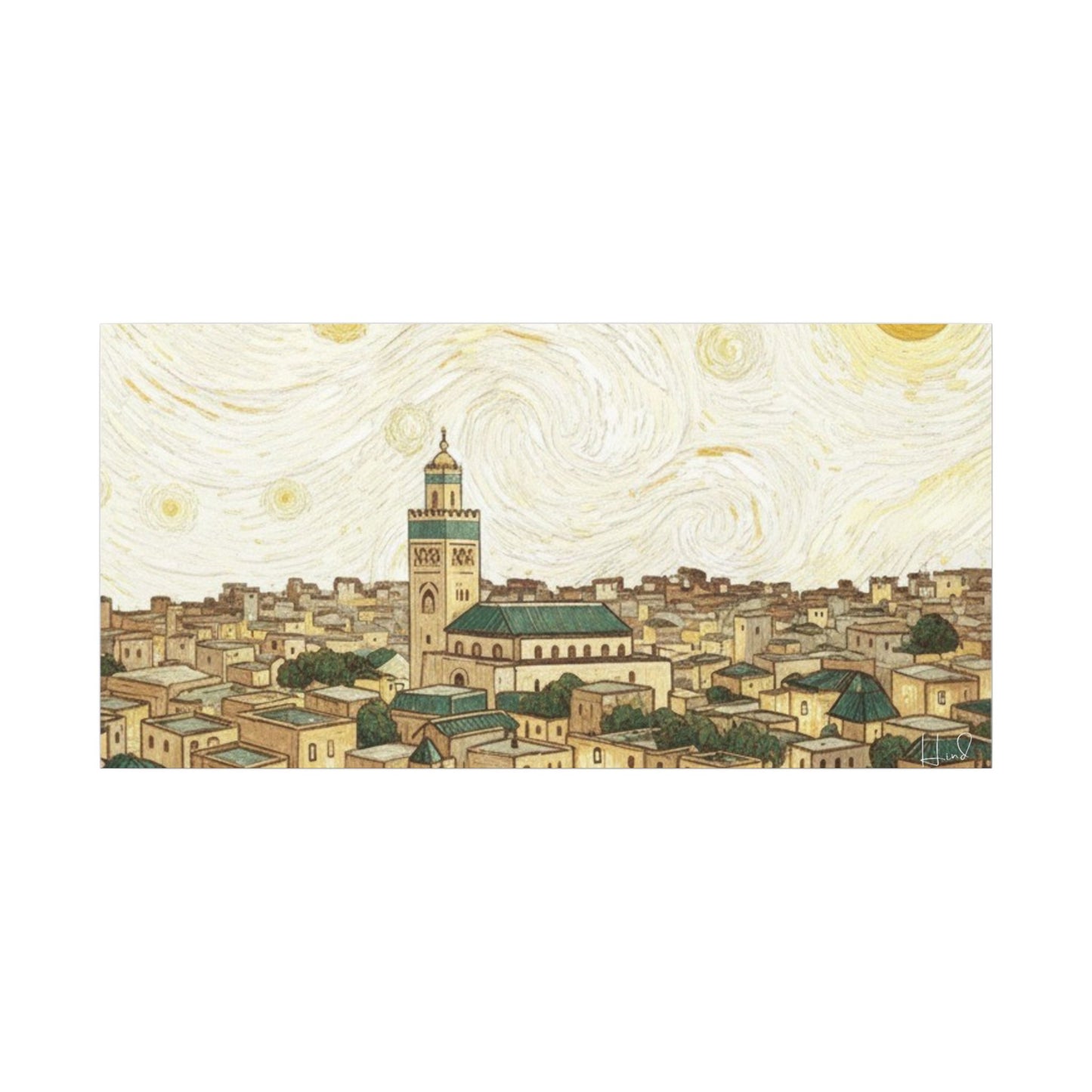 Moroccan Cityscape Canvas Print — Starry Night-Inspired Mosque Wall Art