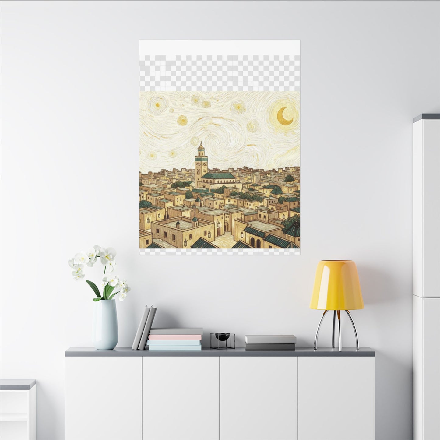 Moroccan Cityscape Canvas Print — Starry Night-Inspired Mosque Wall Art