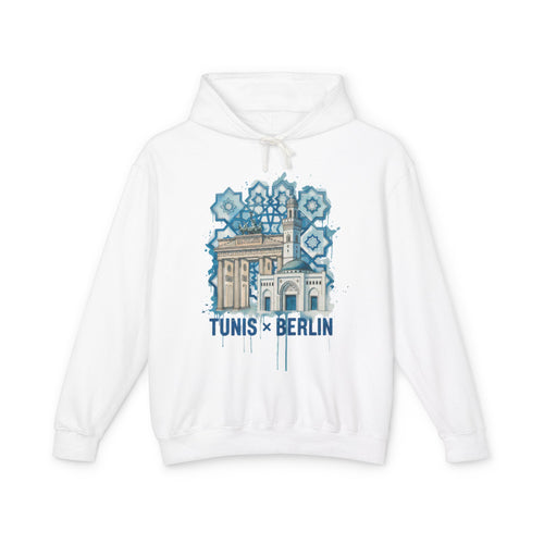 Tunis × Berlin Hoodie — Travel Mashup Graphic Hooded Sweatshirt