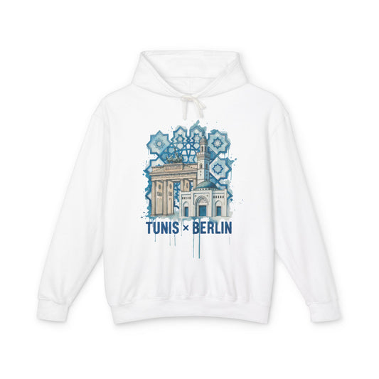 Tunis × Berlin Hoodie — Travel Mashup Graphic Hooded Sweatshirt