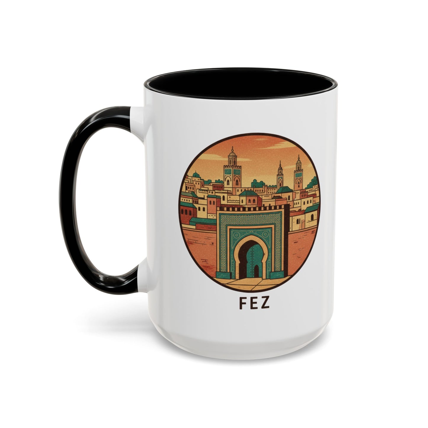 Mug à café Fez Landmark Accent — Souvenir de voyage représentant un paysage urbain marocain (11/15 oz)