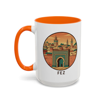 Mug à café Fez Landmark Accent — Souvenir de voyage représentant un paysage urbain marocain (11/15 oz)