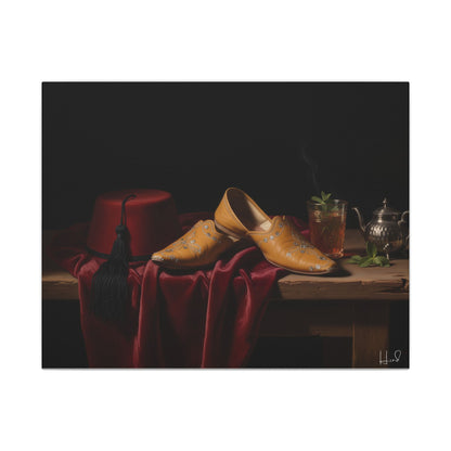 Nature morte sur toile — Chaussures en cuir et fez, décoration murale